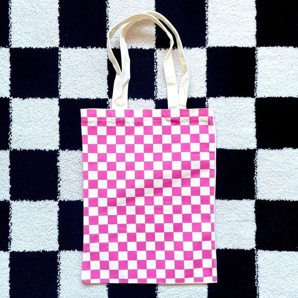 “This Is My Thrifting Tote” Pink Checkered Canvas Tote Bag - Picture 2 of 8